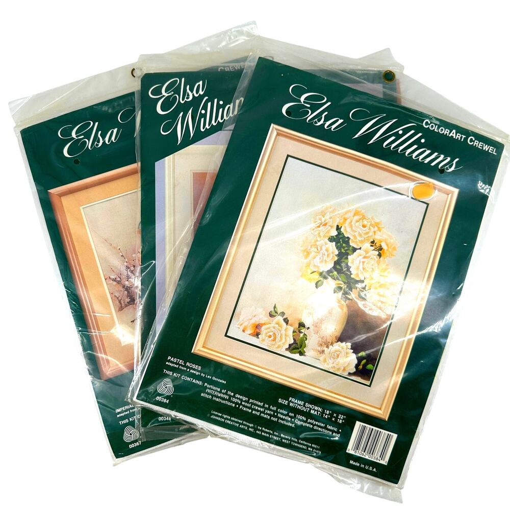 Bundle of 3 Elsa Williams Crewel Embroidery Kits – Peacock, Roses, Still Life